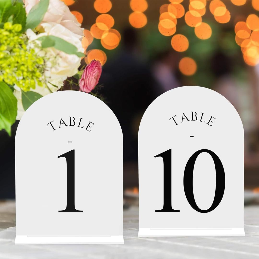 JOYIT Arch Wedding Table Numbers 1-10 with Stands Double-Sided Printed 5" X 7" Acrylic Signs with White Background and Black Text, Perfect for Wedding Receptions, Parties, Anniversaries, and Events
