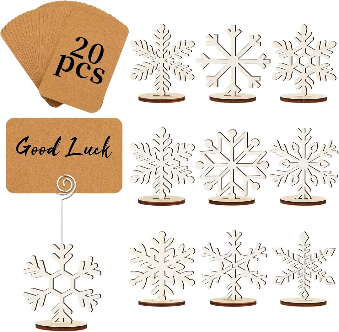 Funnymoom 20 Pcs Christmas Wood Place Card Holders Stand Display and 20 Kraft Place Cards Santa Snowman Elk Number Name Photo Picture Clip Holder for Xmas Party Table Decoration(Snowflake)
