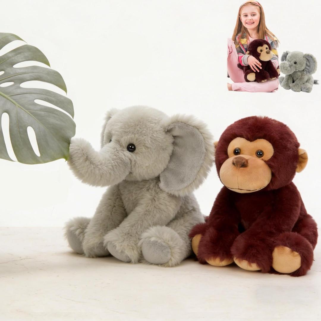 MaoGoLan Safari Stuffed Animal Monkey & Elephant Plush Toy for Kids, Jungle Wild Grassland Stuffed Animals Set for Girls Boys, Valentines Birthday Gift, Baby Shower Party Favor Decoration