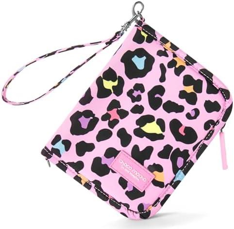 Choco Mocha Girls Passport Cover – Kids Passport Holder Wallet with Zipper & Wristlet Strap for Family Travel, Leopard-Pink