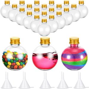 Layhit 24 Pcs Spherical Plastic Potion Bottles Ball Shape Round Bottles 3.4 oz Sand Art Jar with 5 Funnels Decorative container Candy Jar for Valentines Birthday DIY Crafts(Gold,Aluminum Lid)