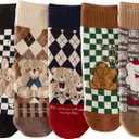 Women Crew Socks Casual Cotton Checkerboard Socks with Cartoon Bear Above Ankle Athletic Socks for Women 5 Pairs Size 5-9
