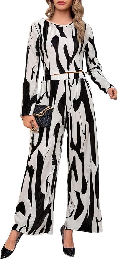 Verdusa Women's 2 Piece Sets Dressy Brunch Outfits Bell Sleeve Pleated Crop Top Pants Business Casual Outfit (Medium, Brown and Black)