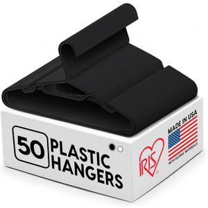 IRIS USA Lightweight Flexible Hangers 50 Pack, Made in USA, Plastic Clothes Hangers with Shoulder Grooves & Accessory Hooks, Dorm Apartment Essentials, Adult Hangers for Light Shirts, Black