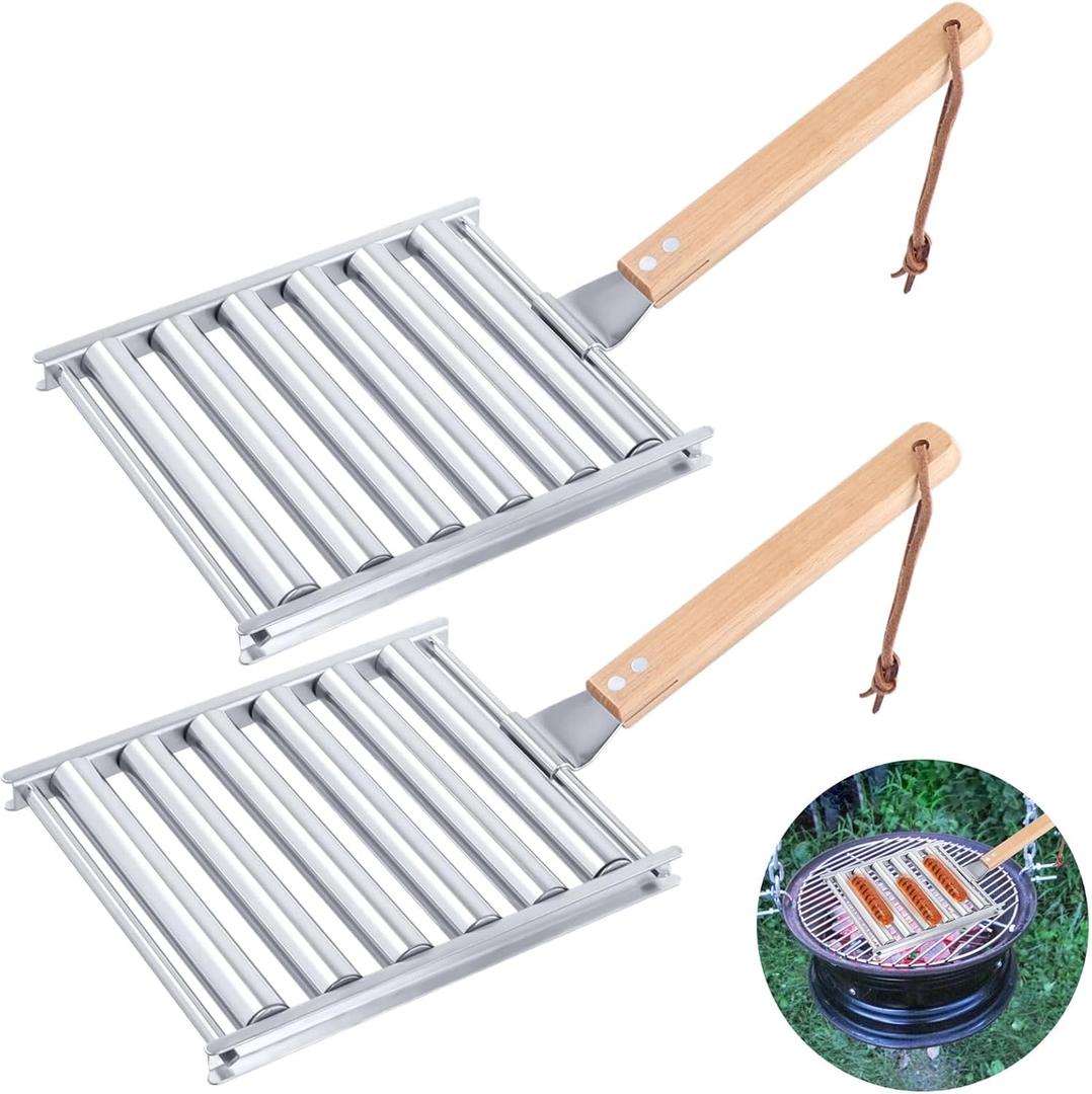 2Pcs Hot Dog Roller for Grill, Stainless Steel Sausage Roller Rack with Extra Long Wood Handle, BBQ Hot Dog Griller for Evenly Cooked Hot Dogs, 10 Hot Dog Capacity, 6.5 x 5.5 Inch