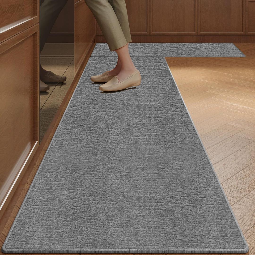 Kitchen Mats for Floor 2 Piece Washable Rugs Non Slip Kitchen Rug Sets, Absorbent Corner L Shaped Rug Runner Non Slip Kitchen Mat Set for Shower, Bathroom, Indoor Door (Grey Rug, 47“×20“+59“×20“)