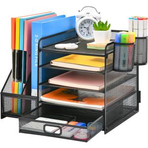 Marbrasse Desk Organizer with File Holder, 5-Tier Paper Letter Tray Organizer with Drawer and 2 Pen Holder, Mesh Desktop Organizer and Storage with Magazine Holder for Office Supplies(Black)