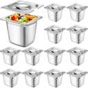 Maxcheck 12 Pcs Stainless Steel Hotel Pan with Lids 1/6 Size Chafing Steam Table Catering Pans with Notched Cover Commercial Stackable Metal Steamer for Buffet Party Storage Food(5.9 Inch)