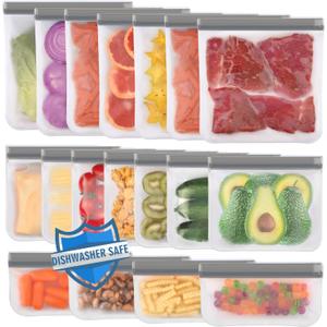 Lerine Dishwasher Safe Reusable Bags, Leakproof Reusable Freezer Bags, BPA Free Food Storage Bags for Lunch Marinate Food Travel (Grey, 18 Pack-7 Gallon 7 Sandwich 4 Snack)