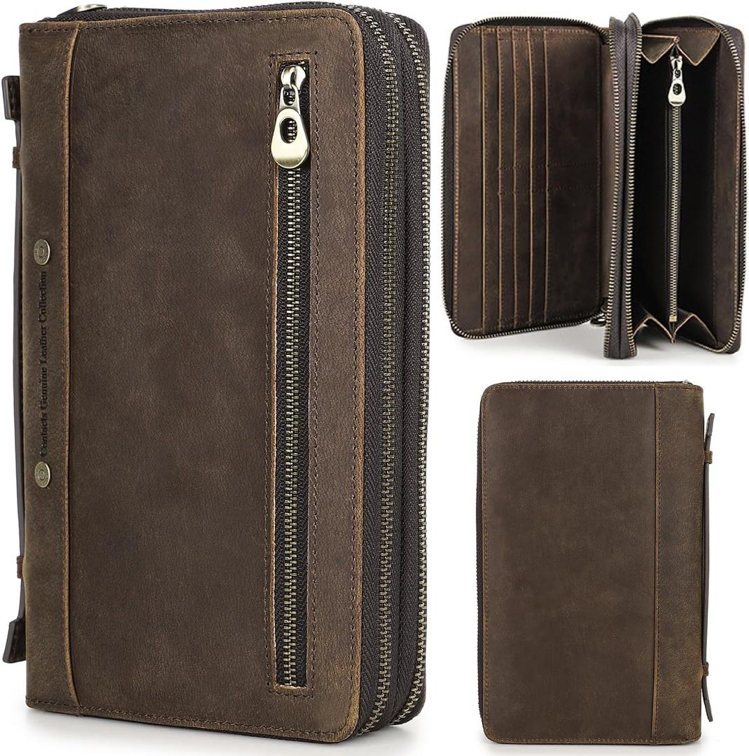 Top Grain Genuine Leather Clutch Wallet Bag with Hand Strap for Man & Woman, Handmade Minimalist Vintage Design, 2 Zip Pockets & Multi Slots, RFID Large Capacity for Cards/Phone/Check/Banknote, Coffee
