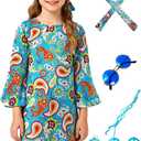 6Pcs 60s 70s Outfits for Kids, Hippie Costume for Girls Colorful Dress Party Halloween Cosplay  (XS, Blue)