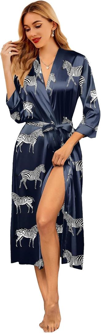 Ekouaer Silk Robes for Women Long Satin Bride Bridesmaid Robe with Pockets (Blue, S)