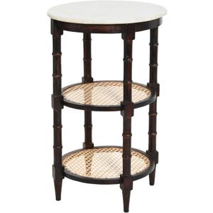 Creative Co-Op Round Solid Wood End Table with Genuine Marble Top and 2 Woven Cane Storage Shelves, Brown Stain and Natural
