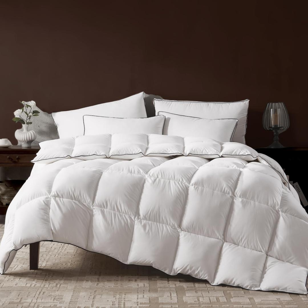 Goose Feather Down Fiber Comforter Twin Size, Fluffy Cotton Quilted White Duvet Insert, Ultra-Soft, Breathable, Luxury Bedding Comforter All Season Medium Warmth with Corner Tabs, 68x 90Inch