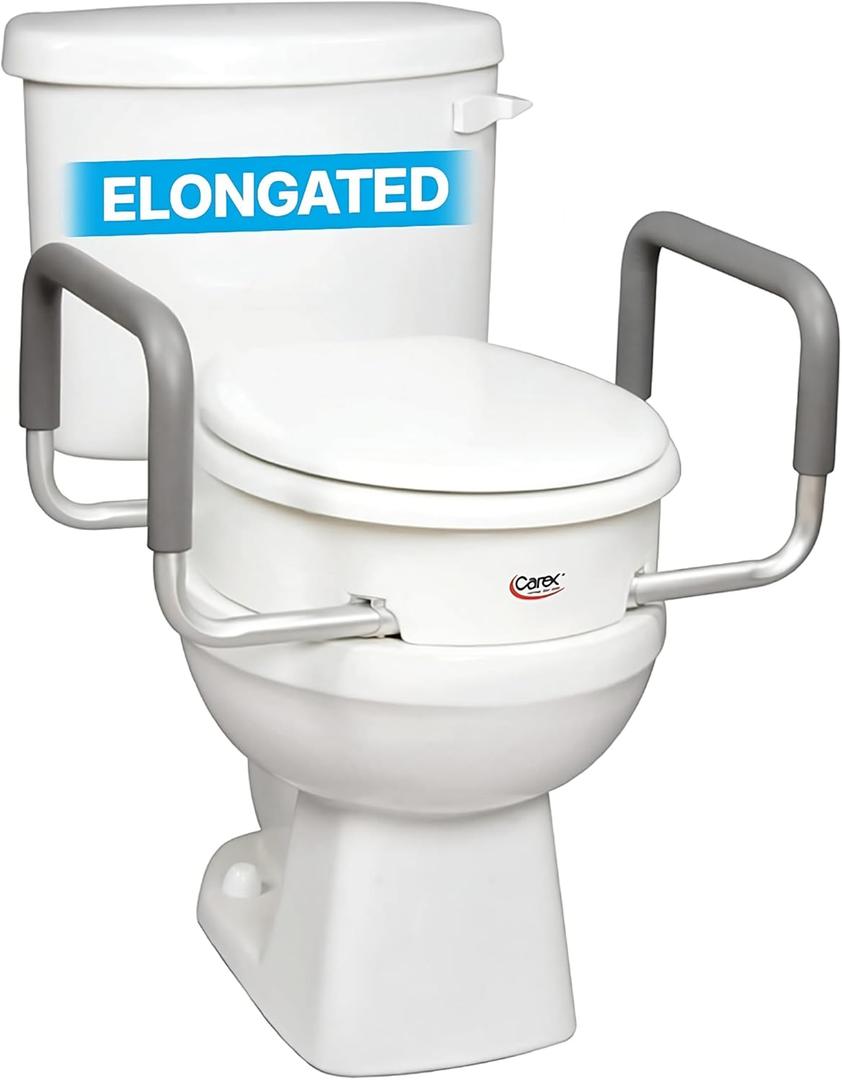 Carex 3.5 Inch Raised Toilet Seat with Arms, Elongated Toilet Seat Riser, 300 lbs Capacity, Elevating and Raising Seat for Elderly and Handicap, Universal, Slip-Resistant with Padded Handles, White