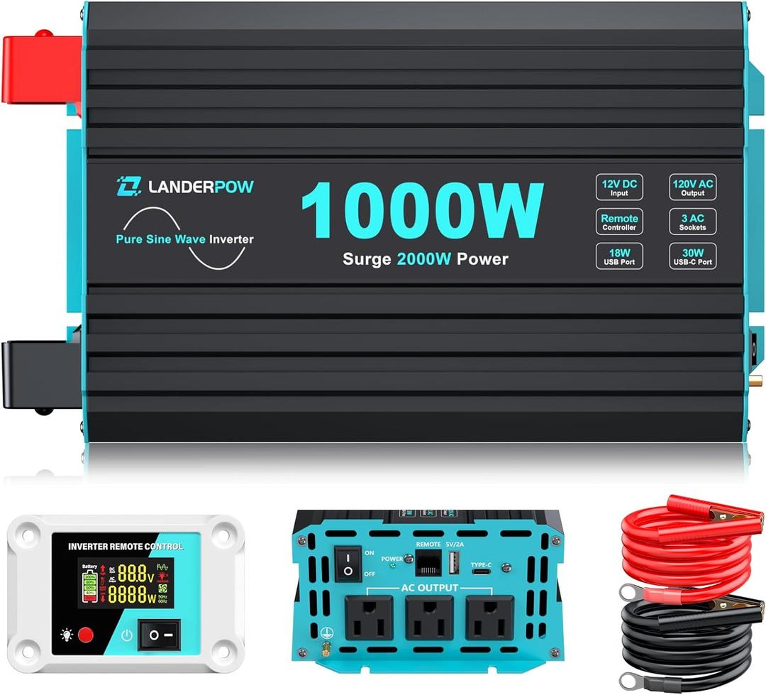 LANDERPOW 1000 Watt Pure Sine Wave Inverter, Power Inverter for Car, Camping, Solar, RV, Truck, Home, 12V DC to 120V AC Inverters with 3 AC Outlet, 30W USB-C, 5V 3.1A USB, Remote Control, Surge 2000W