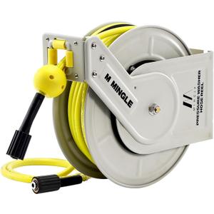 M MINGLE Retractable Pressure Washer Hose Reel, 1/4"  60ft Heavy Duty Professional Hose Reel, Auto Rewind Power Washer Hose Reel, Wall/Floor Mounted, 3600 PSI