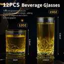 LemonRoad 12 Pcs Crystal Glass Cups Mixed Glassware Set 6 Pack 15oz Crystal Old Fashioned Highballs 6 Pack 12oz Whiskey Glasses for Cocktail Whisky Beer Soda Tea Beverages Dishwasher Safe(Star)
