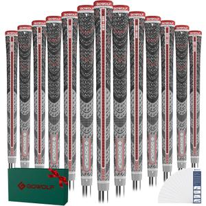 Gowolf Premium Cross Corded Natrual Rubber Golf Grips 13 Pack, Back Rib Improved Control Multi-compound Hybrid Golf Club Grips with 15pc Tapes or Full Kits