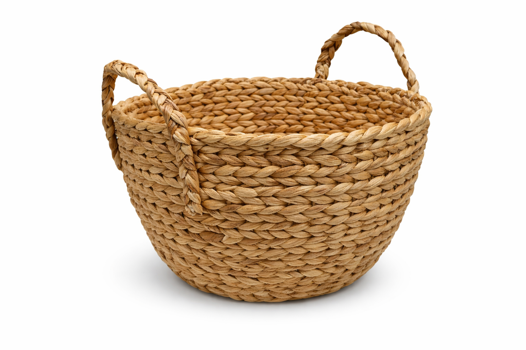 Decorative Round Wicker Woven  Storage Blanket Basket with Braided Handles - Medium