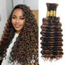 Human Braiding Hair for Boho Braids,150g 14 Inch 3 Bundles Ombre Deep Water Wave Bulk Boho Curly Human Hair Bundle for Braiding,1b/30 Highlight No Weft Wet and Wavy Knotless Braiding Hair Extensions