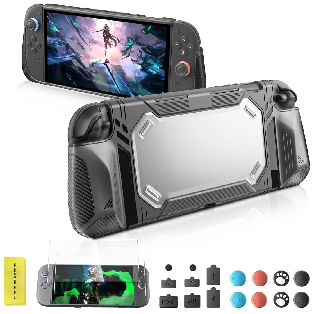 LuxiSync TPU Protective Case for Switch 2 Console  Ergonomic Carbon Fiber Grip, Shock-Absorbing Cover, 2 Screen Protectors, Thumb Grips & Dust Plugs