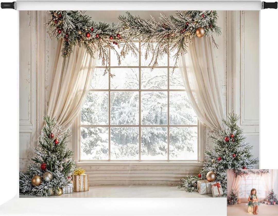 Kate Christmas Tree Window White Curtains Snow Gift Backdrop Photo Background Studio Props,7x5ft
