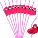 ALINK 50 Pink Flamingo Straws, Plastic Drinking Straws for Luau Party Supplies/Hawaiian/Birthday/Pool Party Decorations