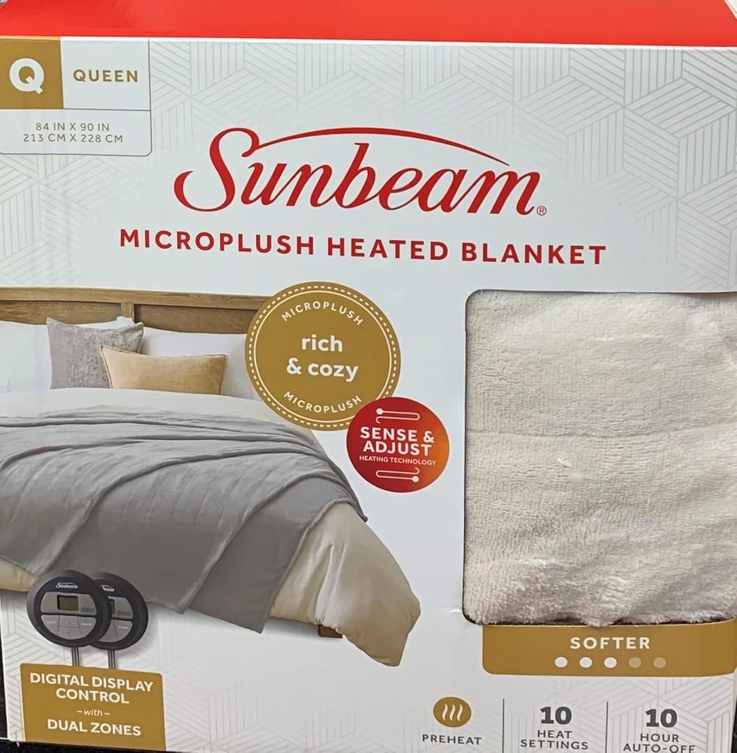 Sunbeam Microplush Queen Electric Heated Blanket with Preheat Feature Two Digital Controller 12-Heat Settings Auto Shut-Off, UL Certified for Safety, Ivory Beige