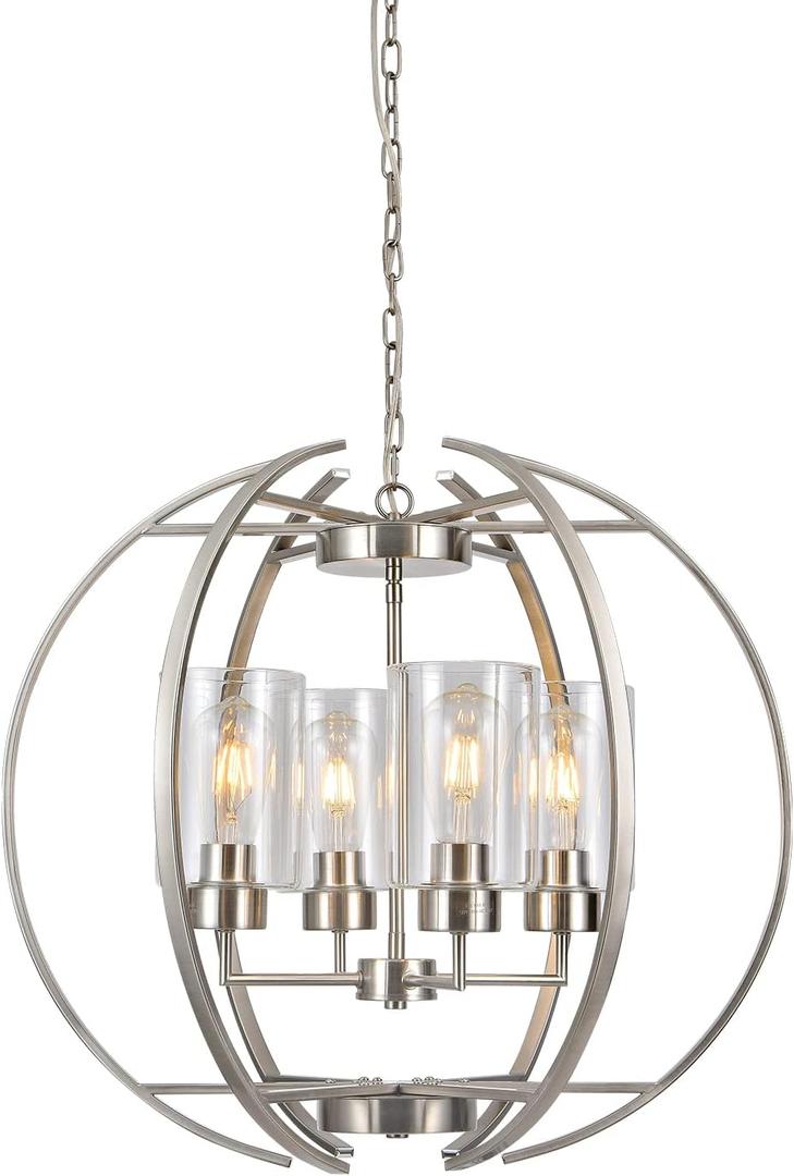 BOZO Brushed Nickel Chandeliers for Dining Room Light Fixtures Over Table,24" Globe Farmhouse Hanging Lighting Fixtures Industrial Pendant Light for Foyer Bedroom Kitchen Living, Large