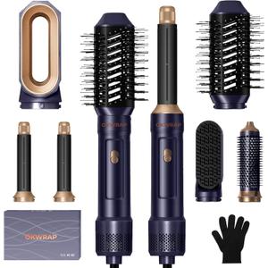 Blow Dryer Brush, 6 in 1 Auto Air Curling Iron Set 3 Temperature 1000W Powerful Negative Ionic Hair Dryer Brush Set with Thermal Brush, 60000RPM Hot Air Brush, Left&Right Curler Wand (Golden Blue)