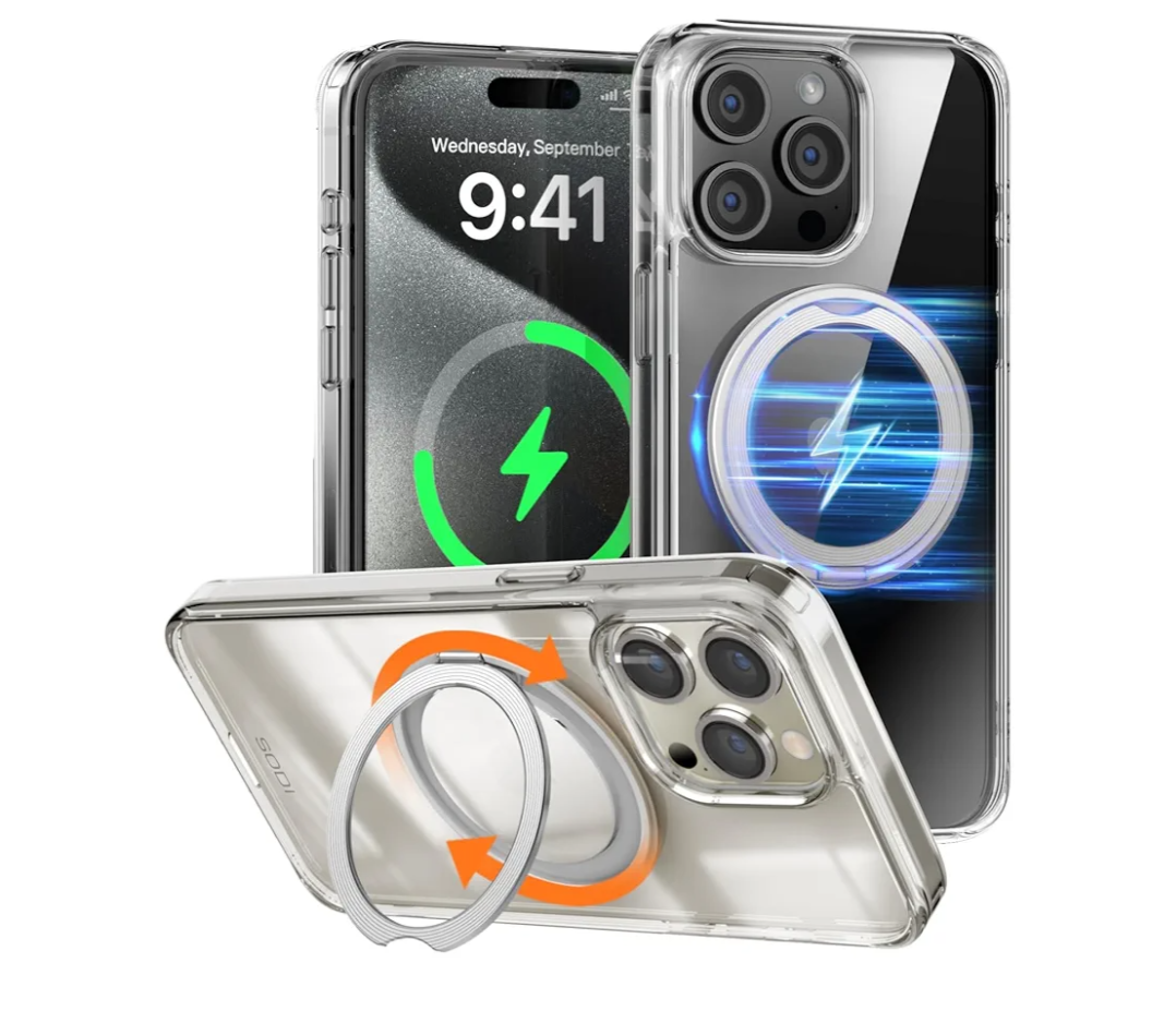 SODI 360°Rotatable Magnetic Ring Stand [Military-Grade Protection][Anti-Yellow] Outdoor Shockproof TPU+PC Case for 15 Pro 6.1",Clear