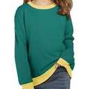 Haloumoning Girls Crewneck Sweatshirts Kids Casual Long Sleeve Loose Tops Fall Comfy Lightweight Pullovers 11-12 Years Green