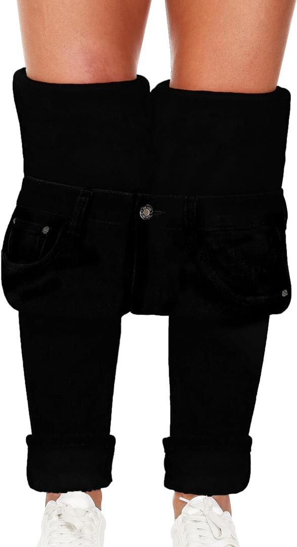 Qazel Vorrlon Women's Fleece Lined Jeans for Women Winter Warm Flannel Lined Jeans Womens High Waisted Skinny Stretch Pants (8, Black Fe092)