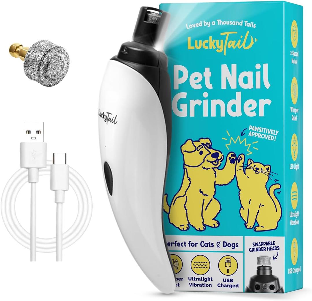 LuckyTail Pet Nail Grinder for Dogs and Cats - Super Quiet and Low Vibration Electric Dog Nail Grinder with 2 LED Lights - USB Rechargeable and Cordless - 2 Speeds - Small to Large Pets (White)