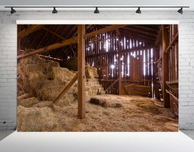 BELECO 7x5ft Fabric Western Farm Barn Nativity Backdrop Interior Old Barn Manger Scene Straw Bales Haystack Country Farmhouse Background Xmas Party Nativity Decoration Kids Newborn Photoshoot Props