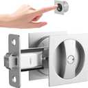 Brushed Nickel Pocket Door Hardware with Privacy Lock & Latch - Contemporary Style Square Pocket Door Lock with Edge Pull (1 Pack)