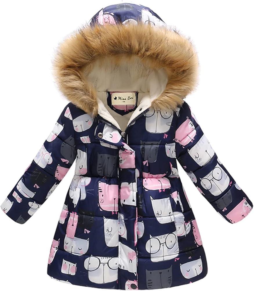Girl's Winter Coat Jacket Hooded Kids Toddler Flower Print Parka Outwear Warm Cotton Puffer Hooded Jacket 110