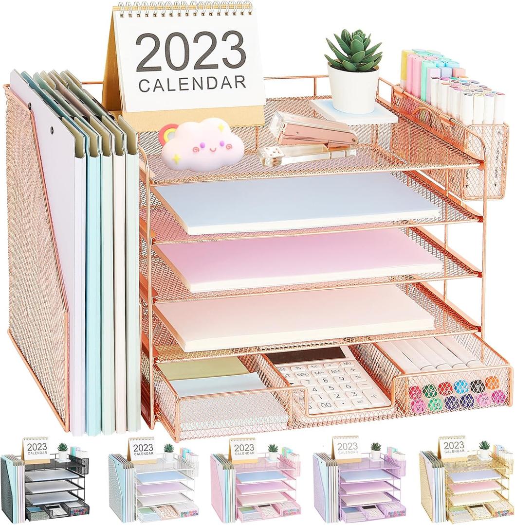 Desk Organizer, 5-tier Paper Letter Tray Organizer with File Holder + Drawer + Pen Holder, Desk Organizers and Accessories for Woman, Office Organization for Office Supplies(Rose Gold)