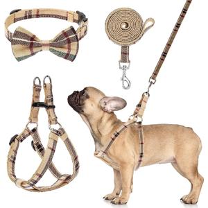 Dog Harness with Leash and Bow Tie Collar Set - Beige Plaid Puppy Harness, Escape Proof Adjustable No Pull Dog Vest for Outdoor Walking, Fit for Small Medium Large Dogs XS (XS(Chest Girth:12''-14.9''))