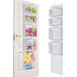 Over Door Organizer and Storage, Hanging Toy Holder with 4 Clear Removable Pouches, Toddler Room Wall Stuffed Animal Bag Case, Kids Playroom Closet Organization for Building Block, Puzzle (White)
