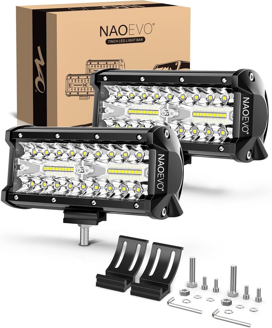 NAOEVO 7 Inch LED Light Bar, 240W 24,000LM LED Pods/Off Road/Fog/Driving Lights with Spot Flood Combo for Truck Boat UTV ATV, 2-Pack (White)