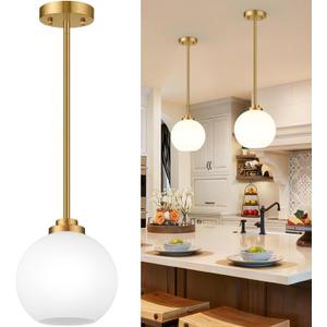 2 Pack 7.2-Inch Globe Pendant Lights, Mid Century Gold Pendant Light Fixtures, Globe Pendant Lights Kitchen Island with Milk Glass Shade Adjustable Hanging Fixture for Dining Room (Bulbs not Included)