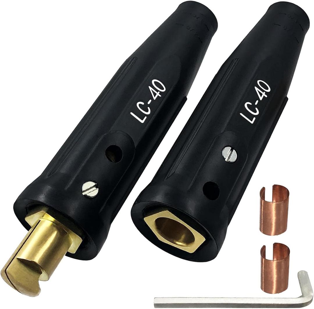 LC-40 Welding Cable Quick Connector Set, Black Male and Female Connectors for Welding Machine Leads, 1/0 and 2/0 Cable Size Capacity, 350 Amp Max Rating