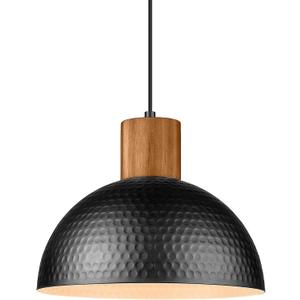 ELYONA 12" Hammered Metal Pendant Light, Rubber Wood Dome Hanging Lamp, Modern Pendant Light Fixtures for Kitchen Island, Bar, Farmhouse Dining Room, Bedroom, Hallway - Black