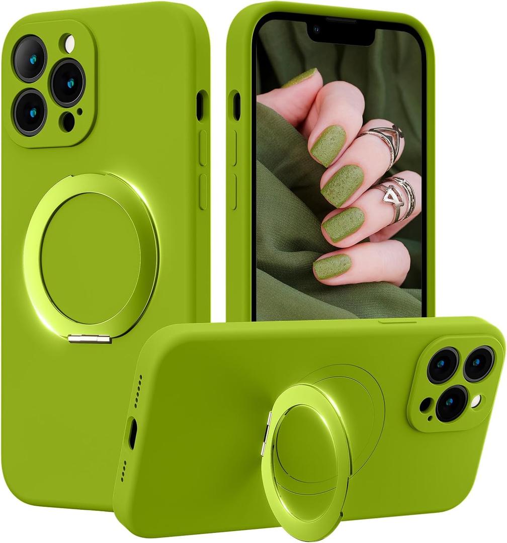 MCFANCE Magnetic Silicone Case with Stand for iPhone 13 Pro Max (6.7 inch) | Compatible with MagSafe, Shockproof Protection, Anti-Scratch Microfiber Lining | Mustard Green