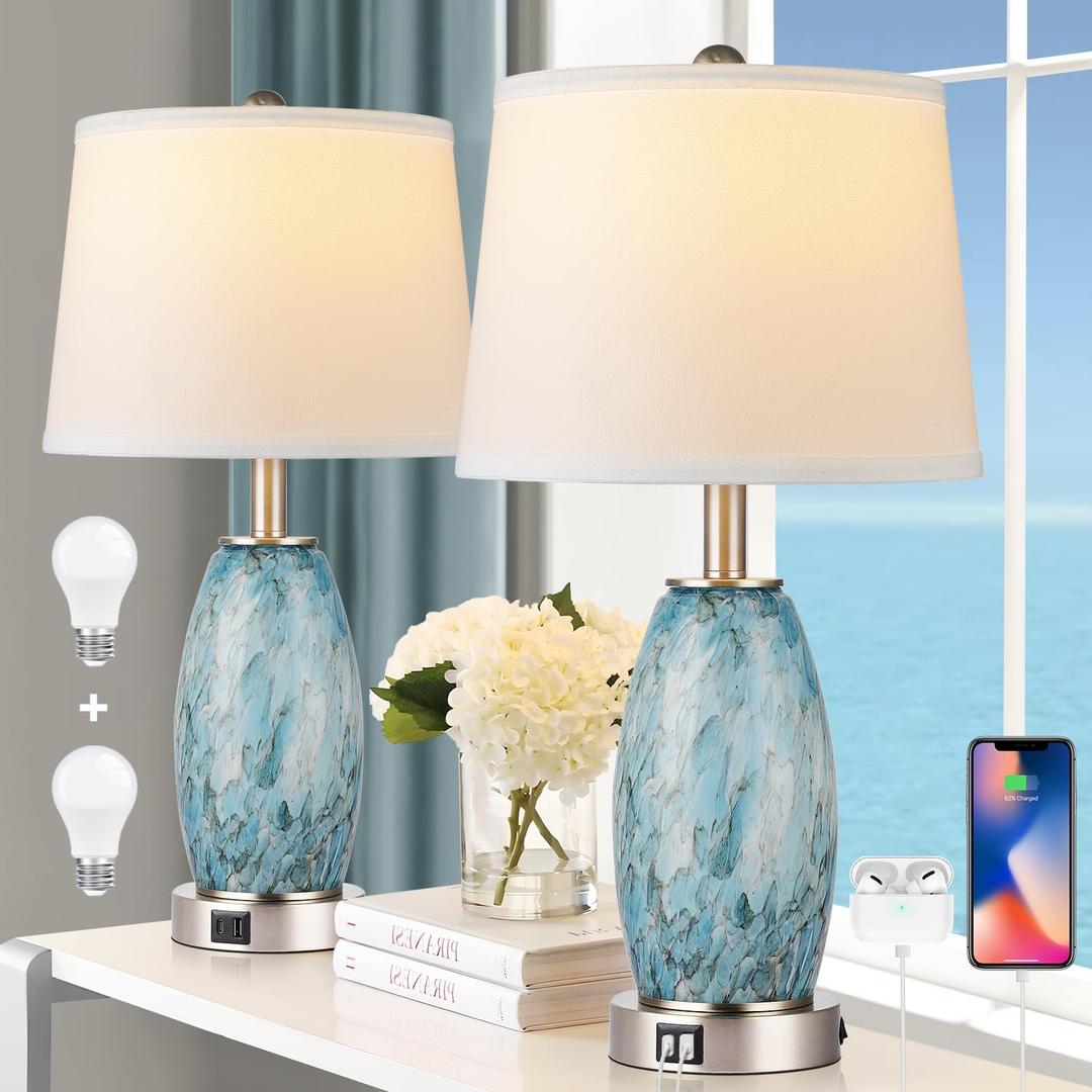 Table Lamps Set of 2 with 3-Way Lighting Modes, USB & Type C Ports - Coastal Modern Style Glass Nightstand Lamps for Living Room & Bedroom Decoration (23.5" H)