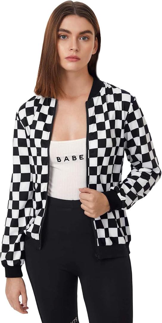 WDIRARA Women's Zip Front Plaid Print Long Sleeve Stand Collar Casual Jacket, Size M