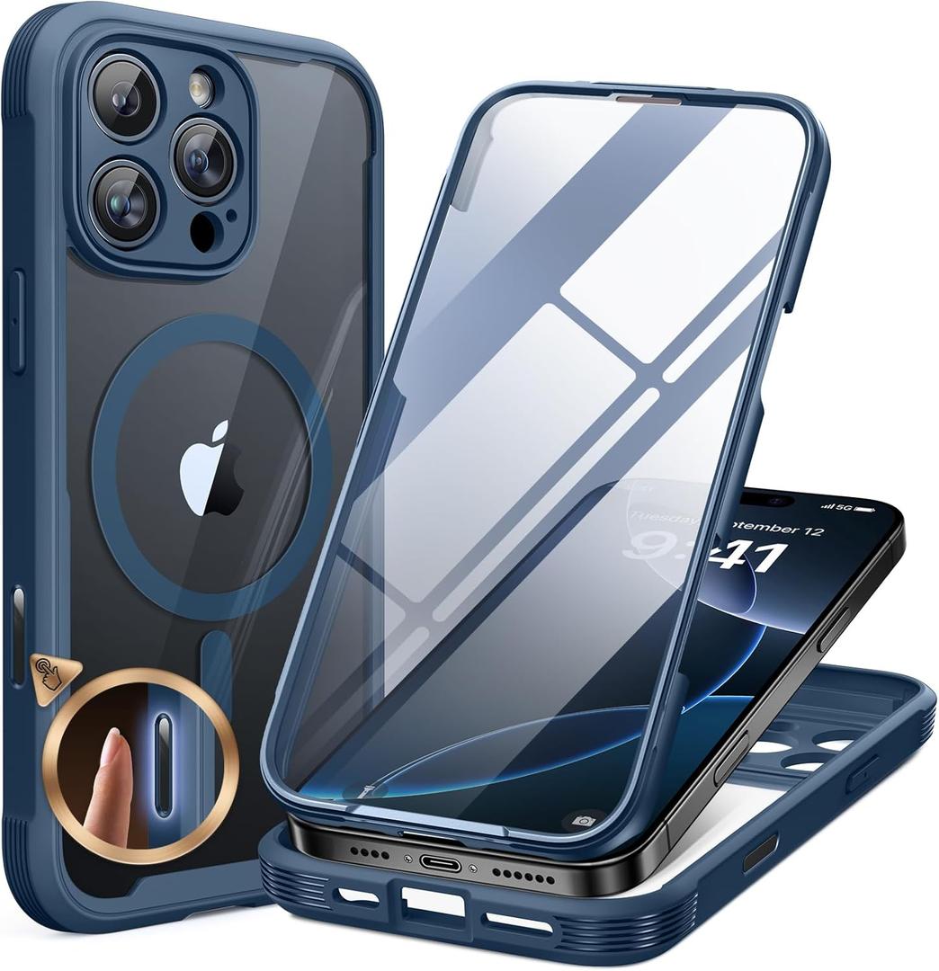 Miracase for iPhone 16 Pro Max Case 6.9'', [Bubble Free] Full-Body Bumper Phone case with Built-in Full Glass Screen &Lens Protector, Compatible with MagSafe, Drop Proof 16 Pro Max Cover, Blue
