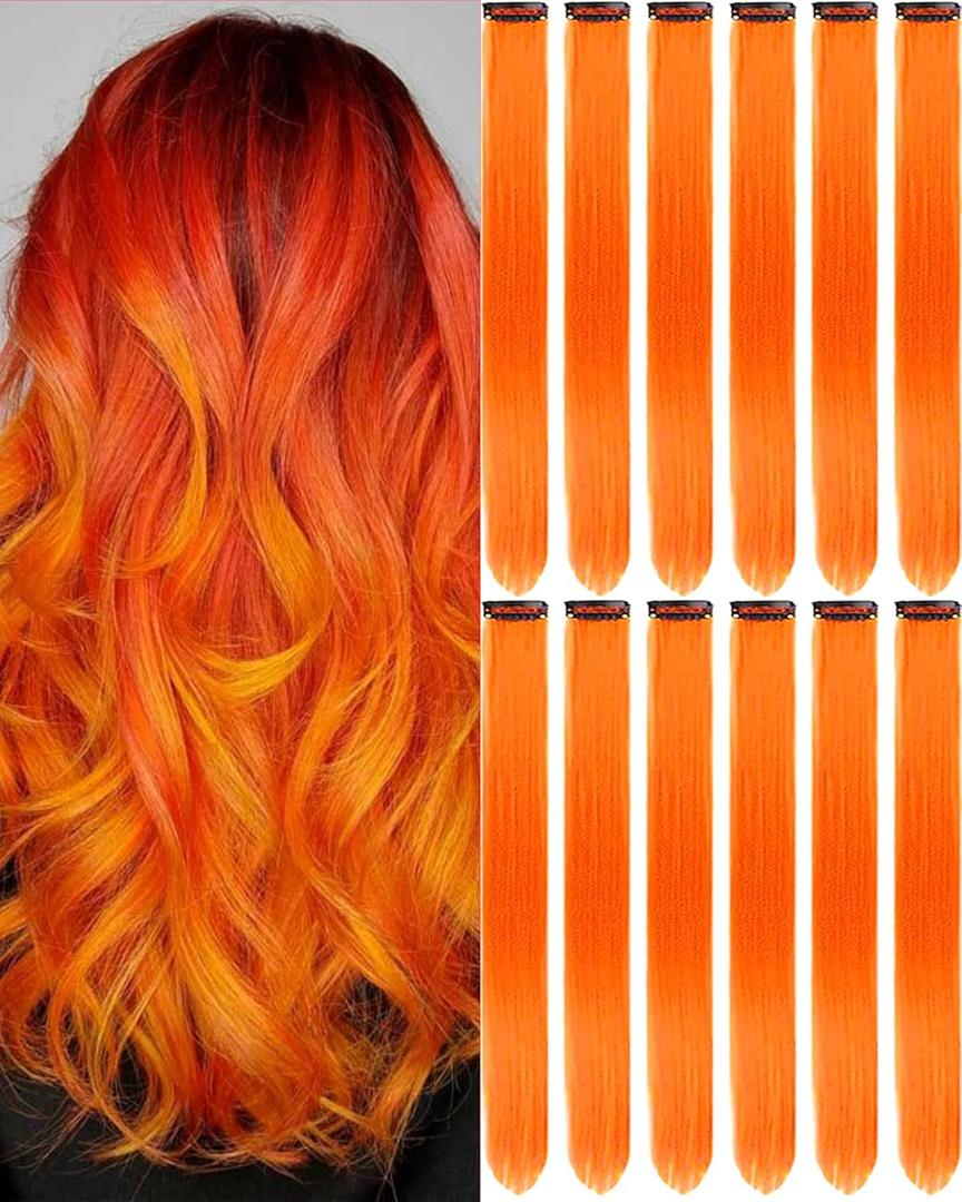 12 PCS Orange Hair Extensions Clip in, 22 Inch Colored Party Synthetic Neon Highlights Extensions, Rainbow Hair Accessories for Women Hair Pieces (Orange)